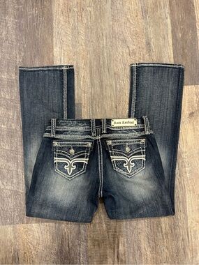 Rock Revival Lonnie Easy Boot Jeans Womens Sz 28 Dark Wash Thick Stitch Bootcut